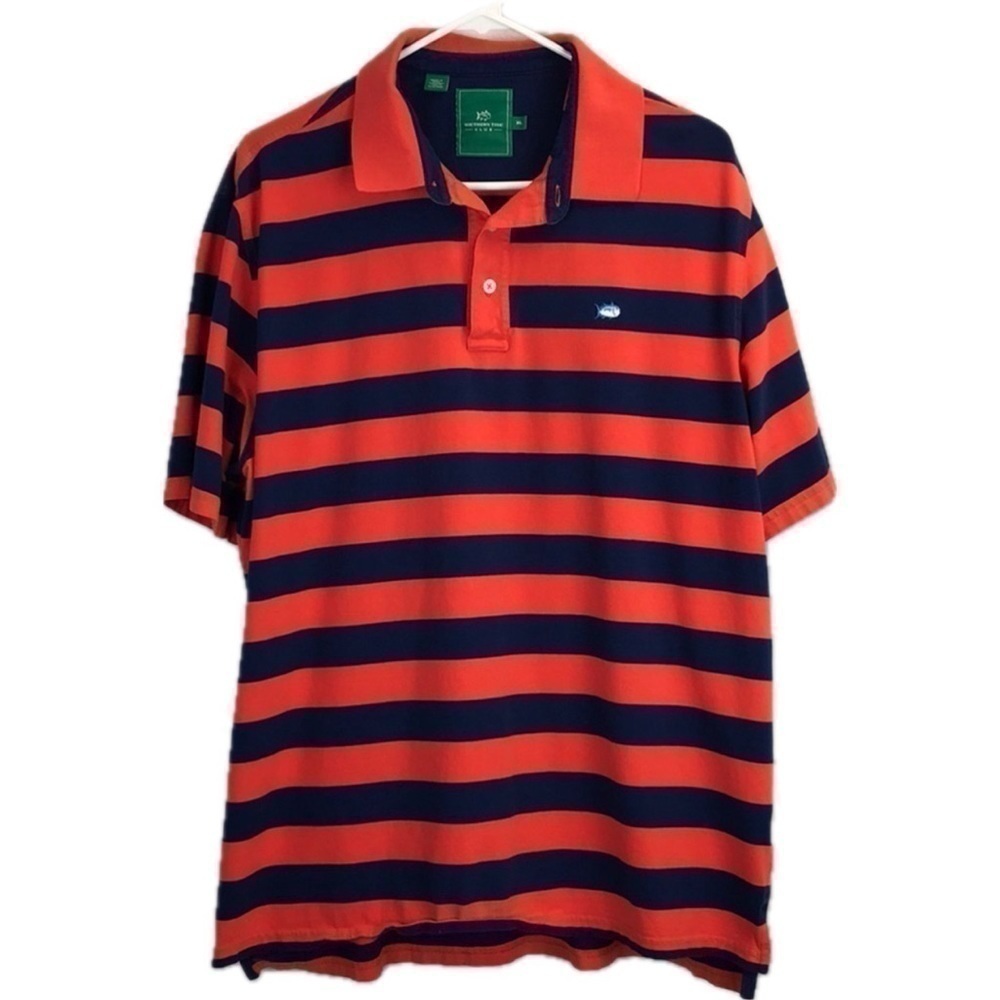 Southern Tide Performance Polo Shirt Navy Blue and Orange Stripes Size XL